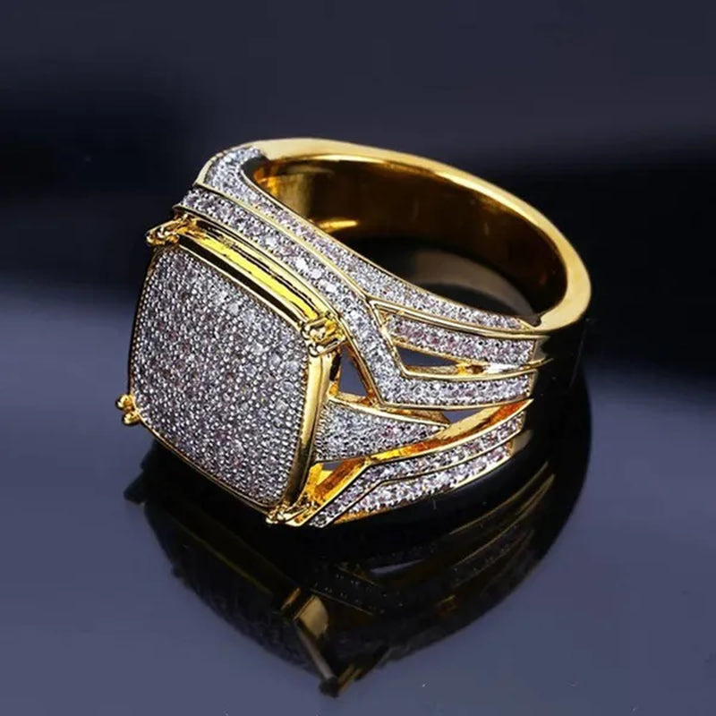 Fashion Unisex Jewelry Hiphop Cocktail Party Ring with Gold Plated Cz Diamond Finger Ring Size 6-10