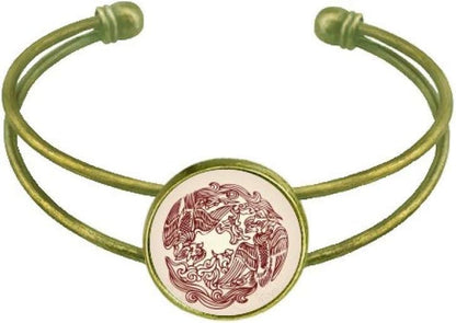 Two Chinese Phoenix Animal Circle Portrait Bracelet Bangle Retro Open Cuff Jewelry