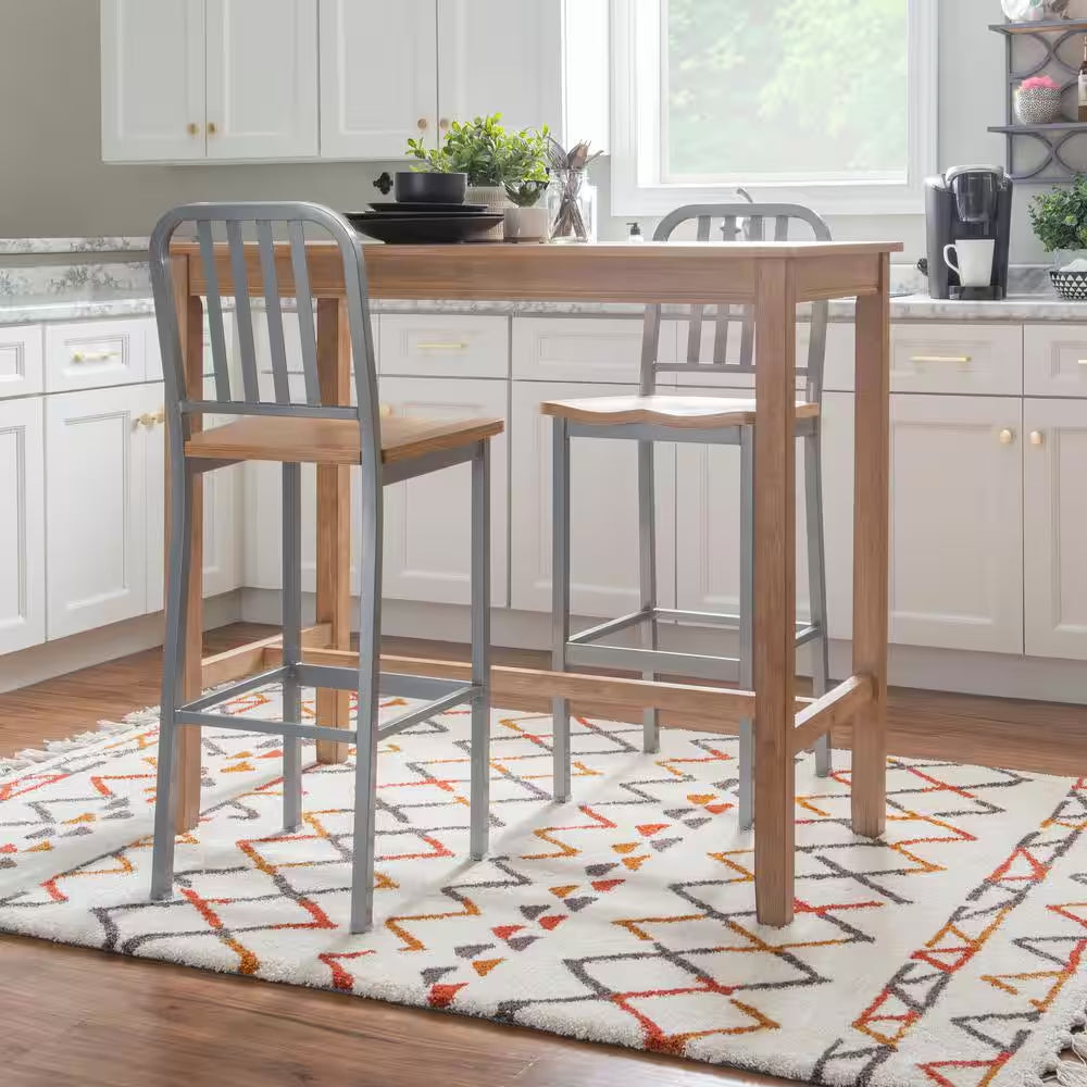 Washington 30 In. Silver Slat Back Metal Bar Stool with Wood Seat Set of 2