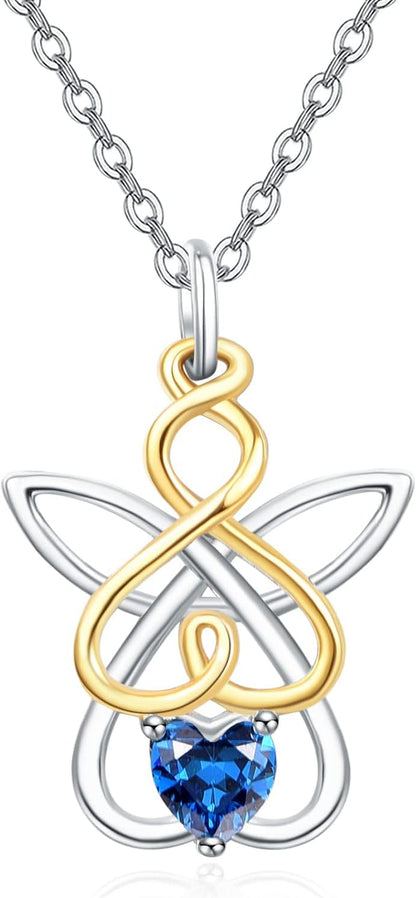Guardian Angel Necklace for Women 925 Sterling Silver Infinity Love Heart Necklace Created Sapphire Gemstone Jewelry for Her