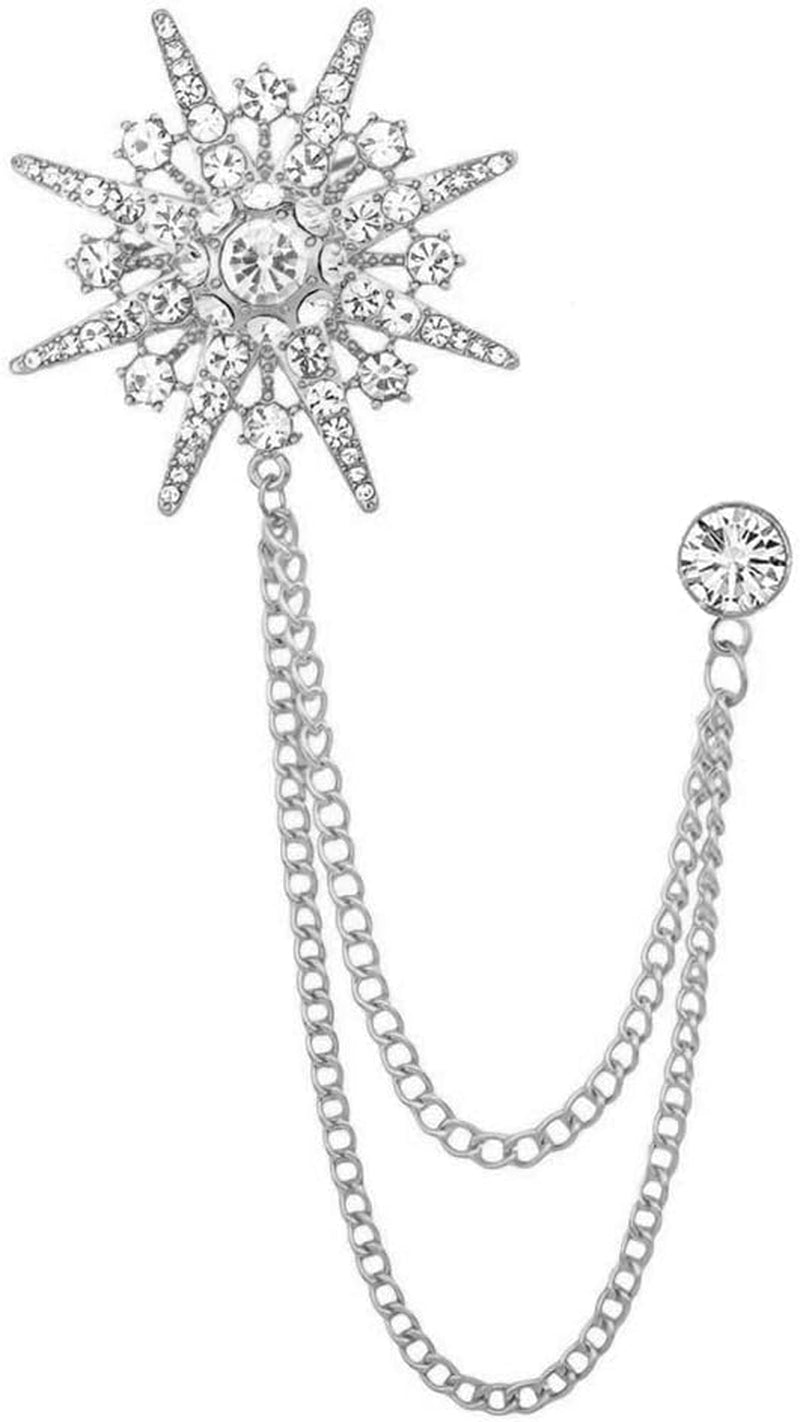 Sparkling Star Burst Chain Brooch Pin Crystal Rhinestone Snowflake Hanging Long Tassel Pins Clip Lapel Collar Suit Dress Hat Tuxedo Badges Clothes Accessories Brooches Pins Dainty Wedding Party Jewelry Gifts for Women Men Bridegroom