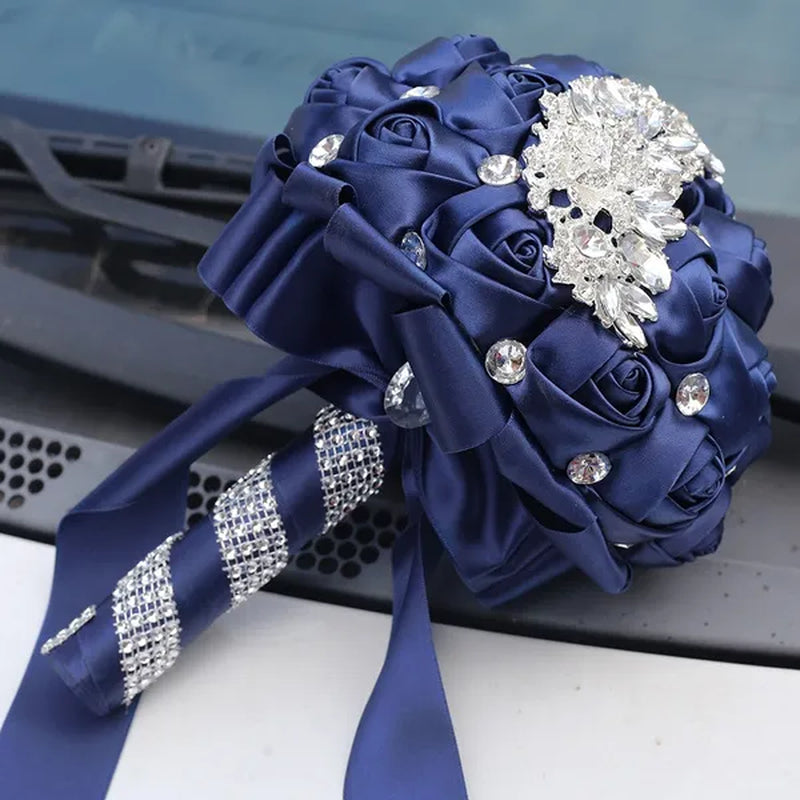18CM Silk Rose Ribbon Wedding Bouquet Shiny Diamond Brooch Bridal Bouquet Creative Handmade DIY Bridesmaids Holding Flowers Wedding Party Simulation Flower