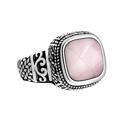 Antique Silver Rose Quartz Gemstone Square Rope Edge Vintage Band Ring Size 5 6 7 8 9 10 11 12