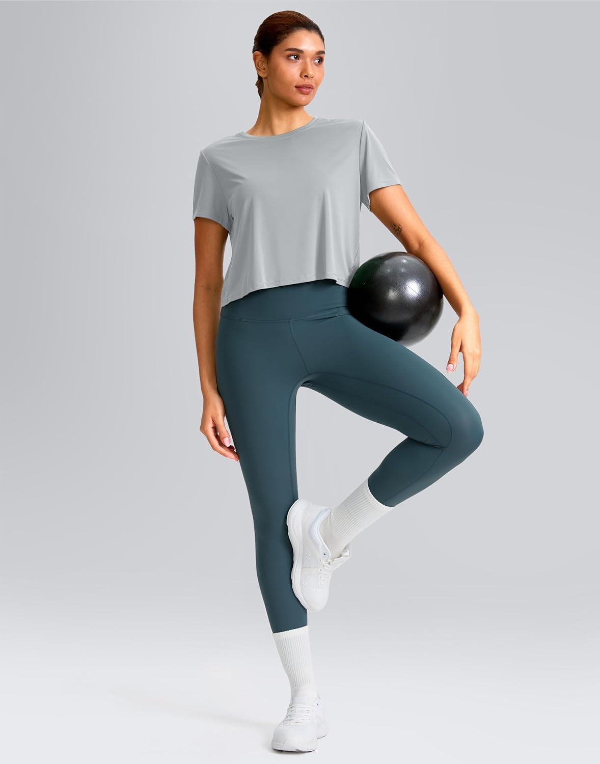 Workout Tops for Women Crop Short Sleeve Shirts Loose Fit Athletic Gym Top T-Shirts with Slit Back