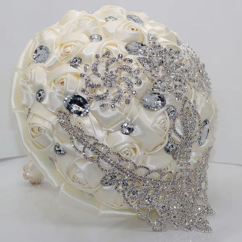 21CM Luxury Crystal Brooch Bridesmaid Bridal Bouquet Shiny Rhinestone Tassel Wedding Flower Bouquet Ribbon Silk Rose Artificial Flower Wedding Supplies
