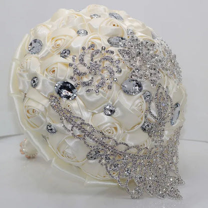 21CM Luxury Crystal Brooch Bridesmaid Bridal Bouquet Shiny Rhinestone Tassel Wedding Flower Bouquet Ribbon Silk Rose Artificial Flower Wedding Supplies