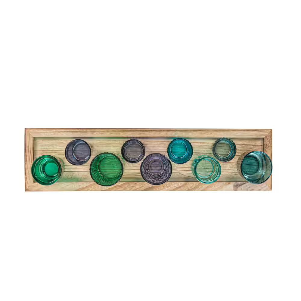 Blue and Green Glass Candle Holders on a Wood Tray (Set of 9)