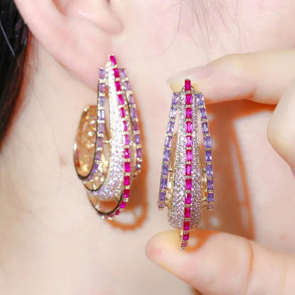 CANDICE Dubai Luxury Trendy Ear Jewelry Full Micro Pave Rose Red Purple CZ Crystal Hollow-out Design Arc Hoop Earrings for Dinner Party