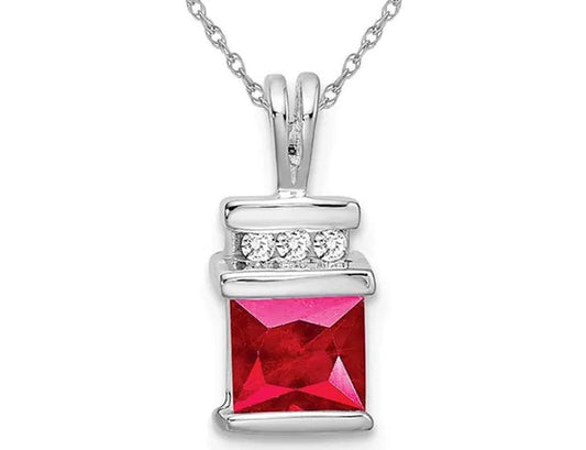 4/5 Carat (ctw) Princess Cut Natural Ruby Pendant Necklace in 14K White Gold with Chain