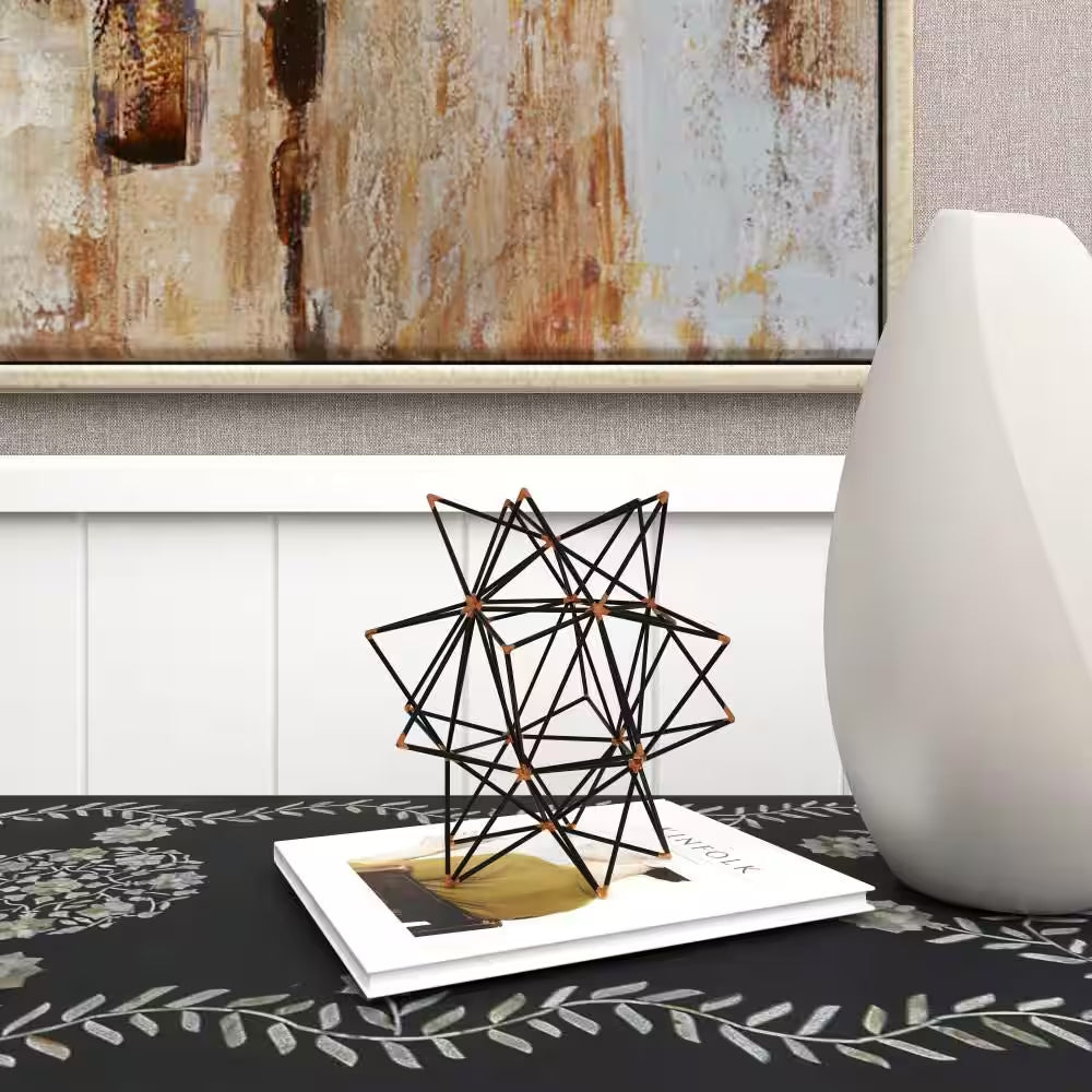 7 In. X 7 In. Black Metal Geometric Sculpture with Gold Accents