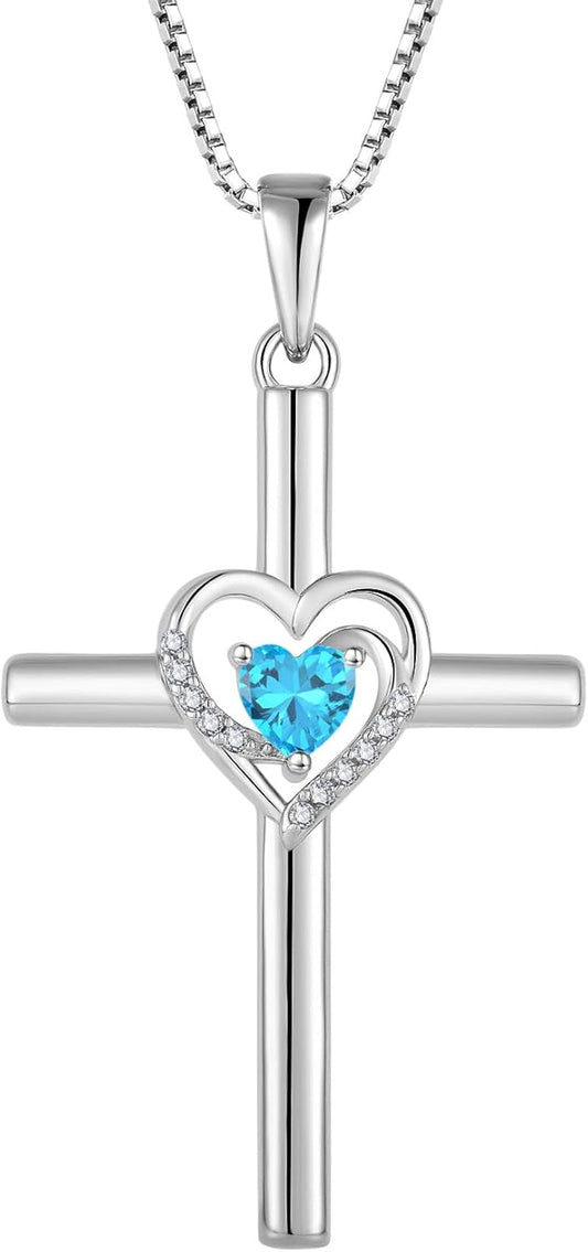 Cross Necklace for Women 925 Sterling Silver Heart Birthstone Pendant Necklace Crucifix Religious Gemstone Jewelry Gift for Women Her Mom Wife Daughter