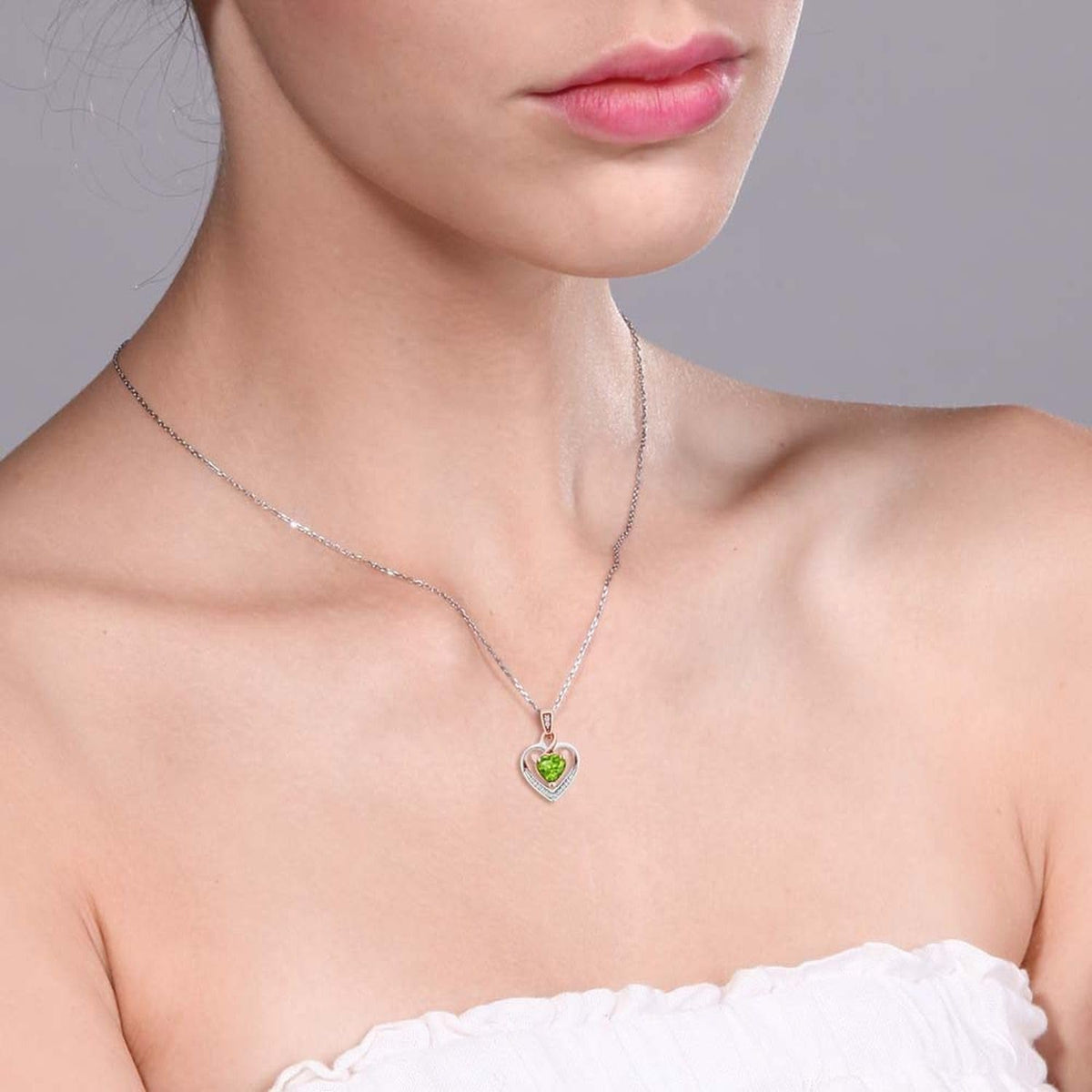 10K White and Rose Gold 5MM Peridot and Diamond Heart Shape Pendant Necklace for Women (0.50 Cttw, Gemstone Birthstone, with 18 Inch Chain)