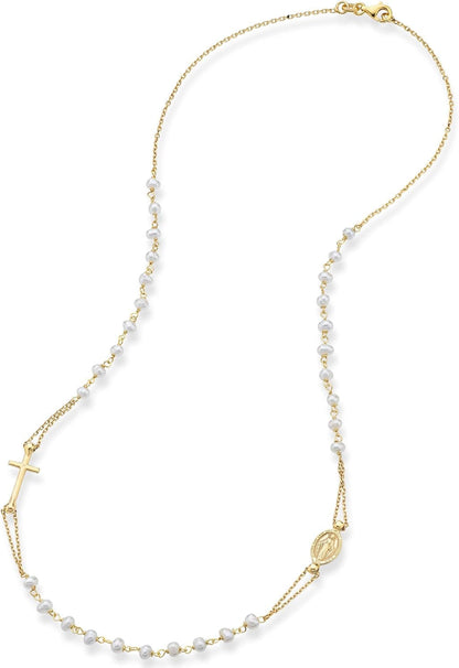 18K Gold over 925 Sterling Silver Handmade Italian White Freshwater Pearl Ball Beaded Sideways Rosary Cross Necklace for Women, Made in Italy