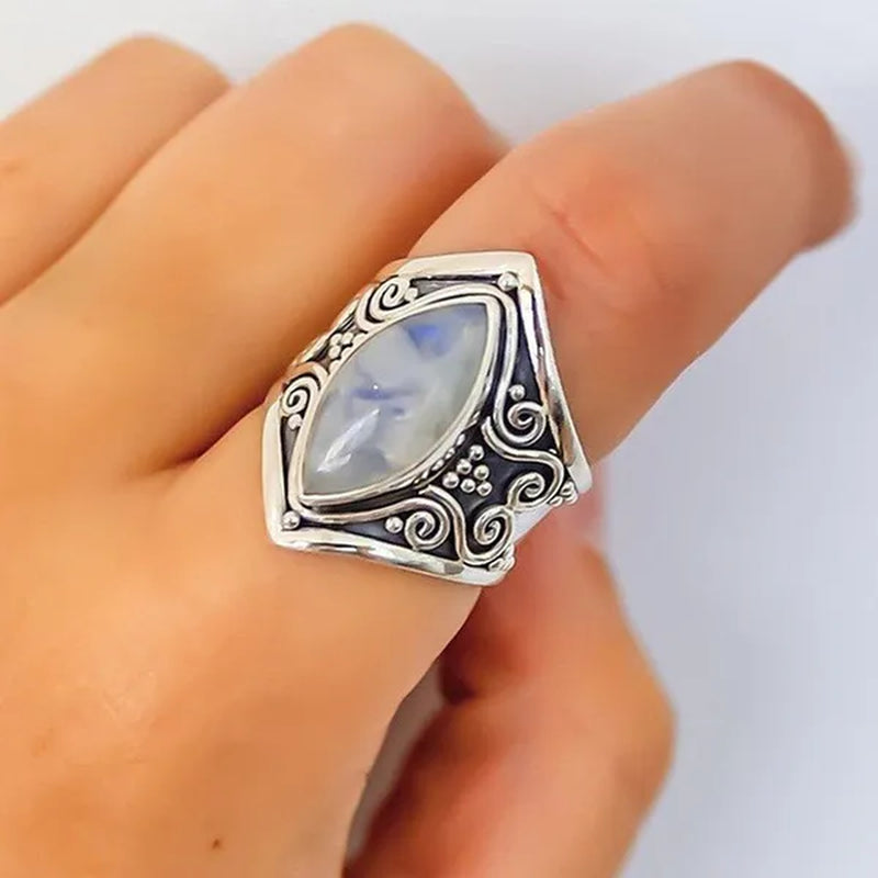 Large Antique Boho Jewelry 925 Solid Sterling Silver Natural Gemstone Marquise Moonstone Rings Size 5-11