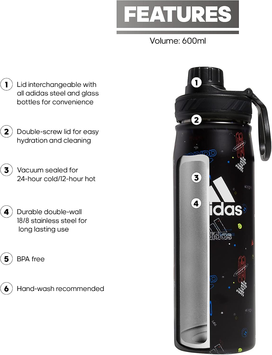 600 ML (20 Oz) Metal Water Bottle, Hot/Cold Double-Walled Insulated 18/8 Stainless Steel