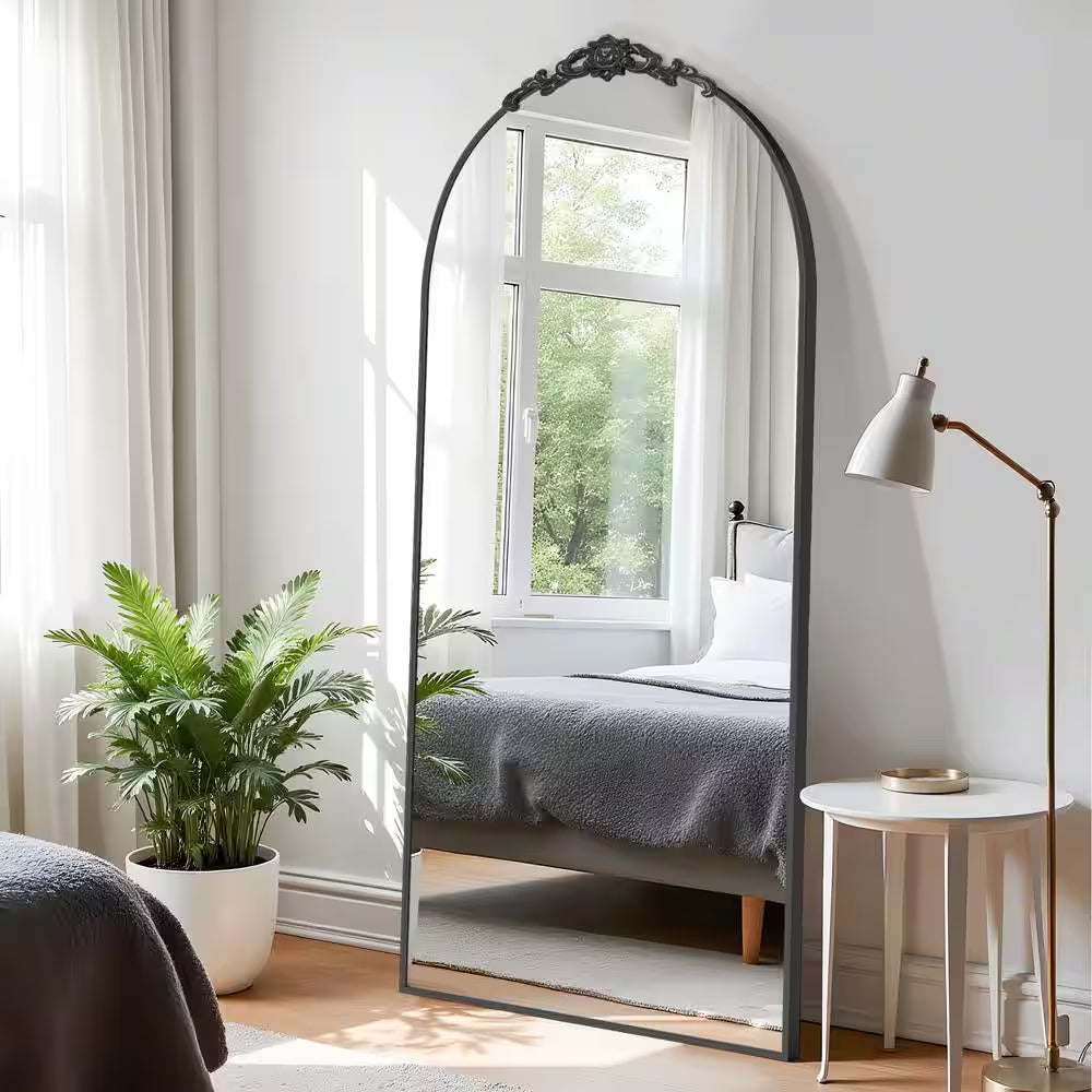 71 In.H X 32 In.W Modern Arch Removable Carved Flower Metal Framed Black Full-Length Leaning Mirror