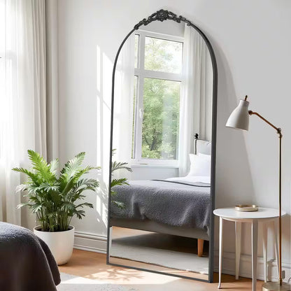 71 In.H X 32 In.W Modern Arch Removable Carved Flower Metal Framed Black Full-Length Leaning Mirror