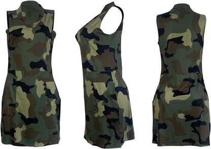 Women'S plus Size Camo Print V Neck Sleeveless Sundress Cargo Mini Dress with Pockets