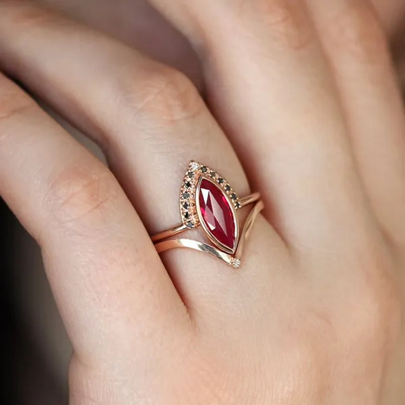 Unique Natural Rhombus 2 in 1 Ruby Engagement  Ring Marquise Bridal  Wedding Ring With Black Diamonds Women Ruby Ring Diamond Fine Jewelry Set （size 5-11）