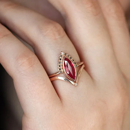Unique Natural Rhombus 2 in 1 Ruby Engagement  Ring Marquise Bridal  Wedding Ring With Black Diamonds Women Ruby Ring Diamond Fine Jewelry Set （size 5-11）