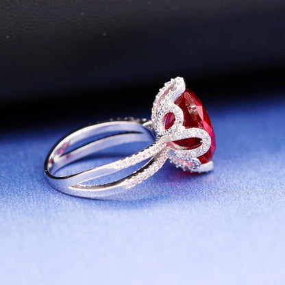 Female Unique Beautiful Red Flower Engagement Wedding Ring - Charm Created Garnet Diamond Jewelry for Women (Size 6 7 8 9 10) RJ212