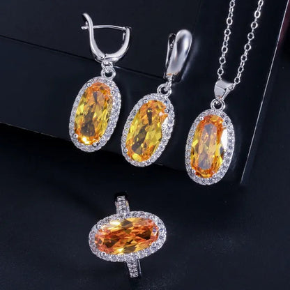 Gloriya Brand 925 Sterling Silver Bright Oval Yellow Topaz Crystal with White CZ Pendant Necklace Earrings and Ring Set for Women Gorgeous Cocktail Party Jewelry Sets