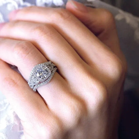 3psc Popular 925 Silver White Diamond Engagement Wedding Anniversary women's set ring size 6-10
