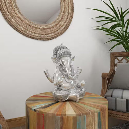 Silver Polystone Meditating Ganesh Sculpture with Engraved Carvings and Relief Detailing