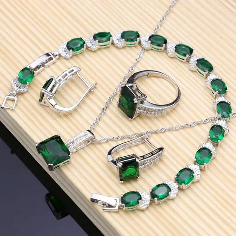Natural Green Emerald 925 Sterling Silver Jewelry Sets Wedding Women Hoop Earrings/Pendant/Necklace/Ring/Bracelets