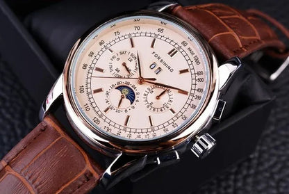 Forsining Moon Phase Shanghai Movement Rose Gold Case Brown Bracelet en cuir véritable Montres pour hommes Top Brand Luxury Auotmatic Watch