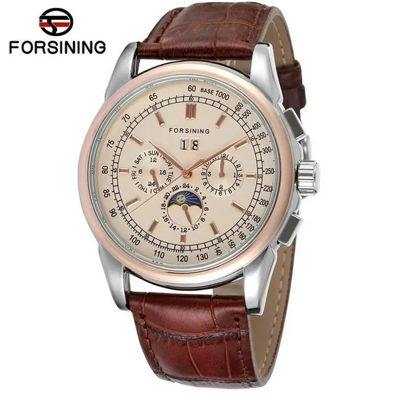 Forsining Moon Phase Shanghai Movement Rose Gold Case Brown Bracelet en cuir véritable Montres pour hommes Top Brand Luxury Auotmatic Watch