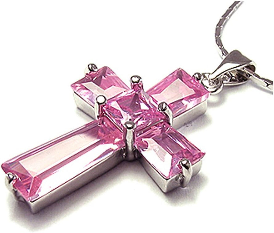 Cross Pendant with 18" Chain & Trapezoid Square Cut CZ [7 Colors Available] in White Gold Plated, Simple Modern Elegant