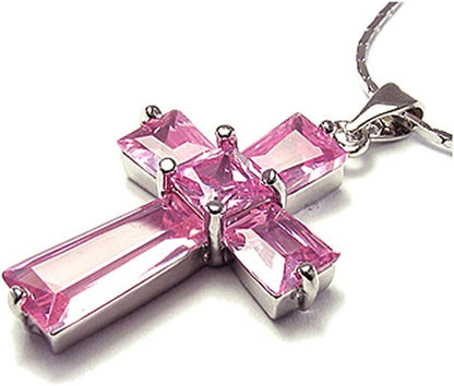 Cross Pendant with 18" Chain & Trapezoid Square Cut CZ [7 Colors Available] in White Gold Plated, Simple Modern Elegant