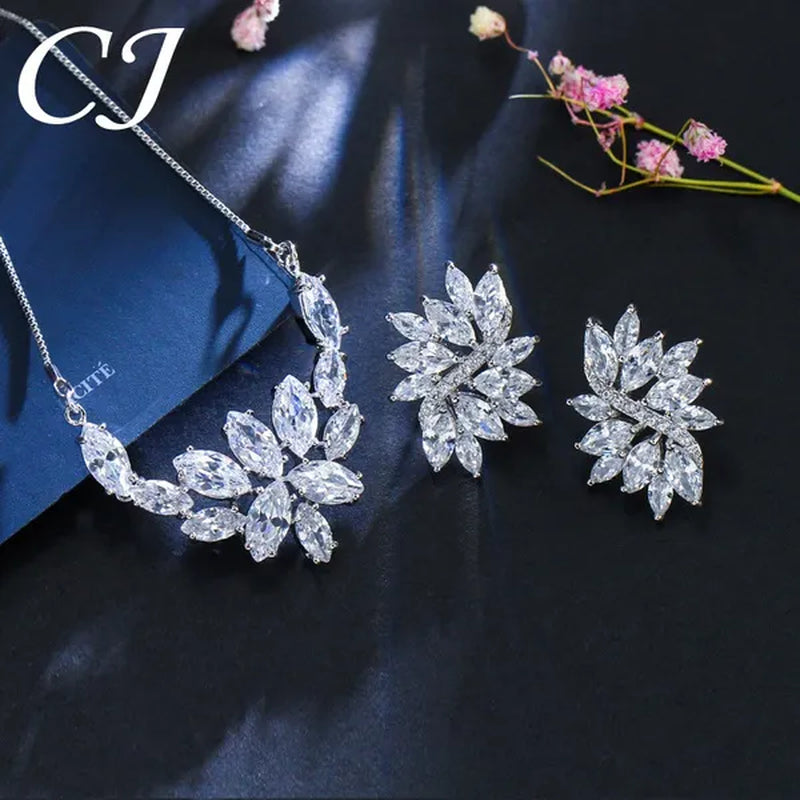 CANDICE Gorgeous Luxury Zirconia Wedding Jewelry Set Elegant Marquise CZ Big Flower Pendant Necklace Stud Earrings Bracelet for Bridal