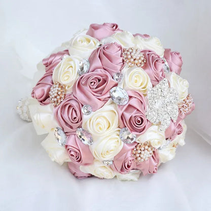 20CM Simulation Silk Rose Wedding Bouquet Diamond Pearl Brooch Bridal Bouquets Romantic Bridesmaid Holding Flowers