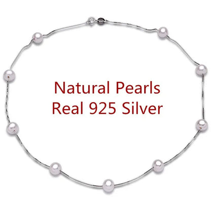 Natural White Freshwater Pearl Real 925 Sterling Silver Chain Necklace for Women Party Gifts Fine Jewelry