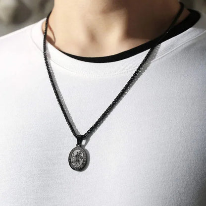 Religious Catholicism Amulet Oval Saint Christopher Necklace for Men Women, 316L Stainless Titanium Steel Catholic Patron Saint of Travellers St Christopher Pendant with Chain 23.6 Inches Black / Silver / Gold