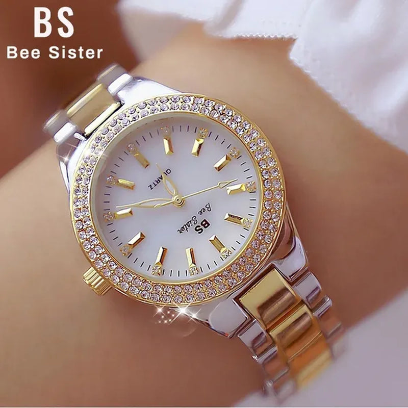 Luxury BS Bee Sister Ladies Wrist Watches Crystal Diamond Stainless Steel Watches for Women