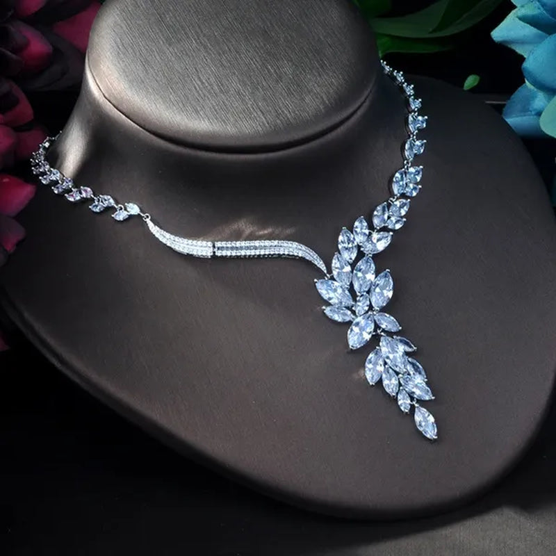 Gloriya Dazzling AAA CZ Bridal Jewelry Set for Classy Bride White Gold Plated Engagement Party Big Leaf Drop Dangle Necklace Earrings Bracelet