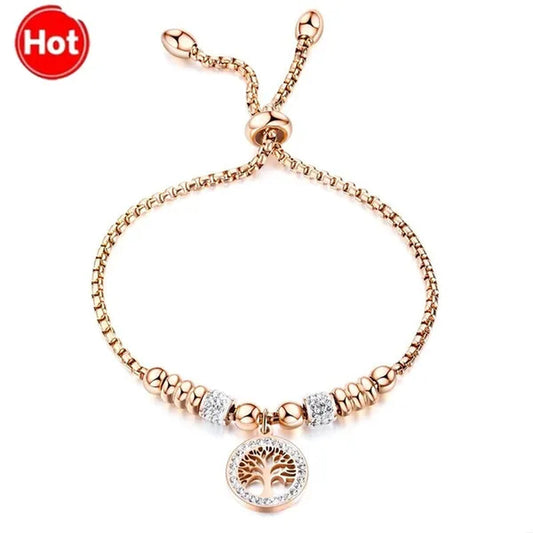 Rose Gold Plated Tree of Life Charm Bracelets for Women Christmas Jewelry Gifts for Family Size 22cm