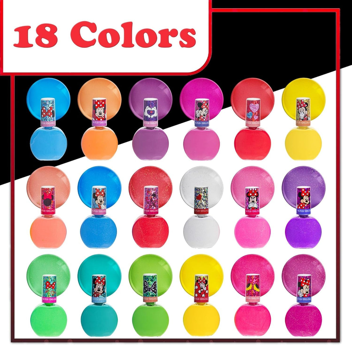Disney Minnie Mouse Non-Toxic Peel-Off Nail Polish Set for Girls, Glittery and Opaque Colors,18 Pcs|Perfect for Parties Sleepovers Makeovers| Birthday Gift for Girls 3 Yrs+