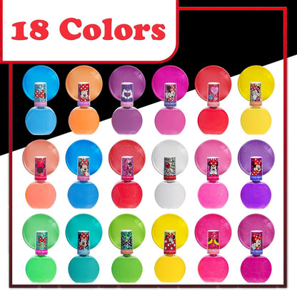 Disney Minnie Mouse Non-Toxic Peel-Off Nail Polish Set for Girls, Glittery and Opaque Colors,18 Pcs|Perfect for Parties Sleepovers Makeovers| Birthday Gift for Girls 3 Yrs+