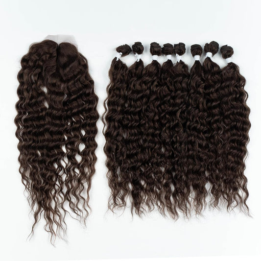Synthetic Hair 8 Bundles with Simple Closure Water Wave High Temperature Fiber Wavy Hair Weave 9PCS 20 Inches 240G Brown