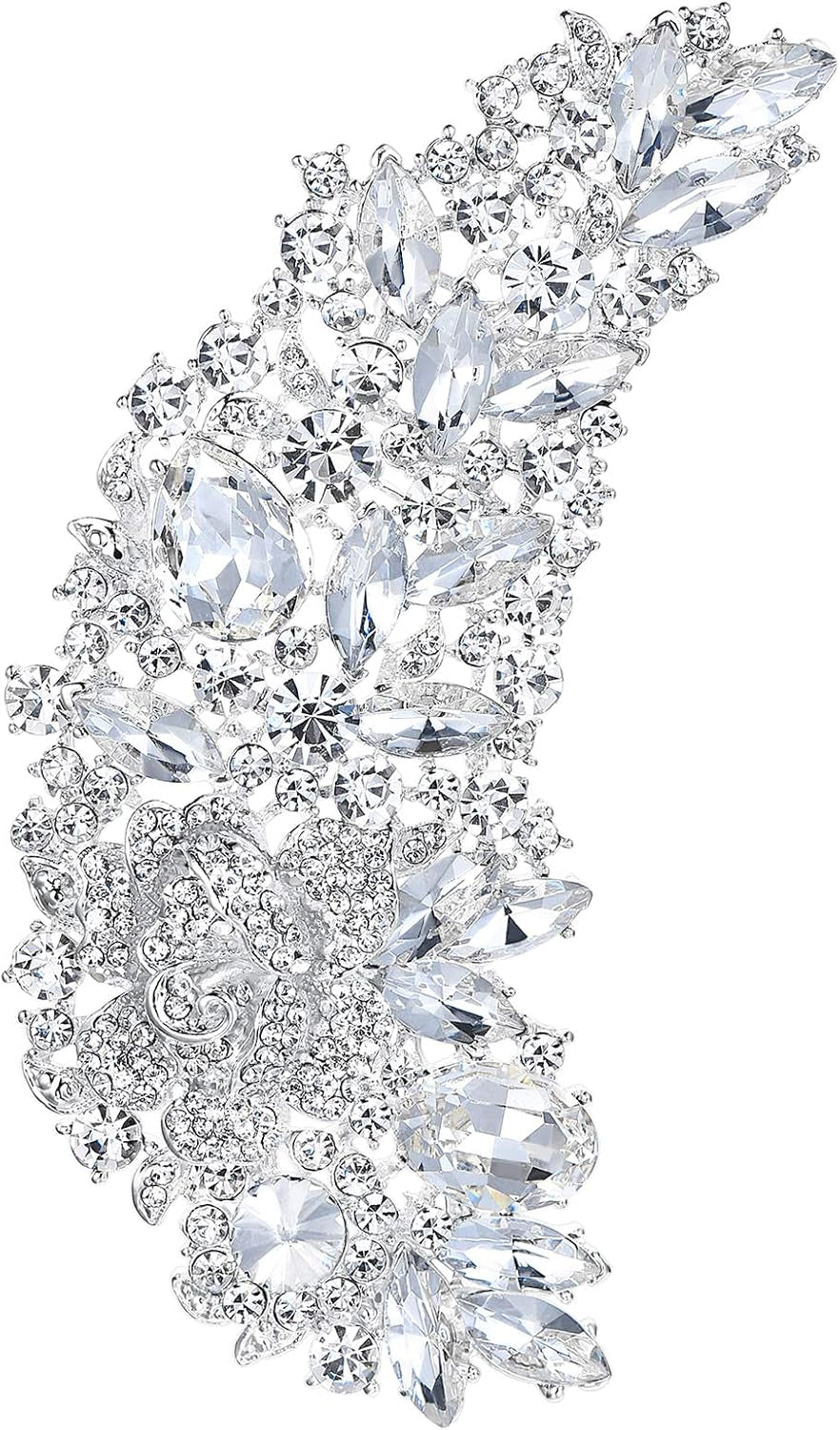 5 Inch Bridal Silver-Tone Flower Bouquet Brooch Austrian Crystal