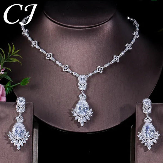 CANDICE White Gold Plated Marquise Cubic Zirconia Bridal Big Drop Earrings Necklace Set For Women Gorgeous Engagement Wedding Jewelry Sets