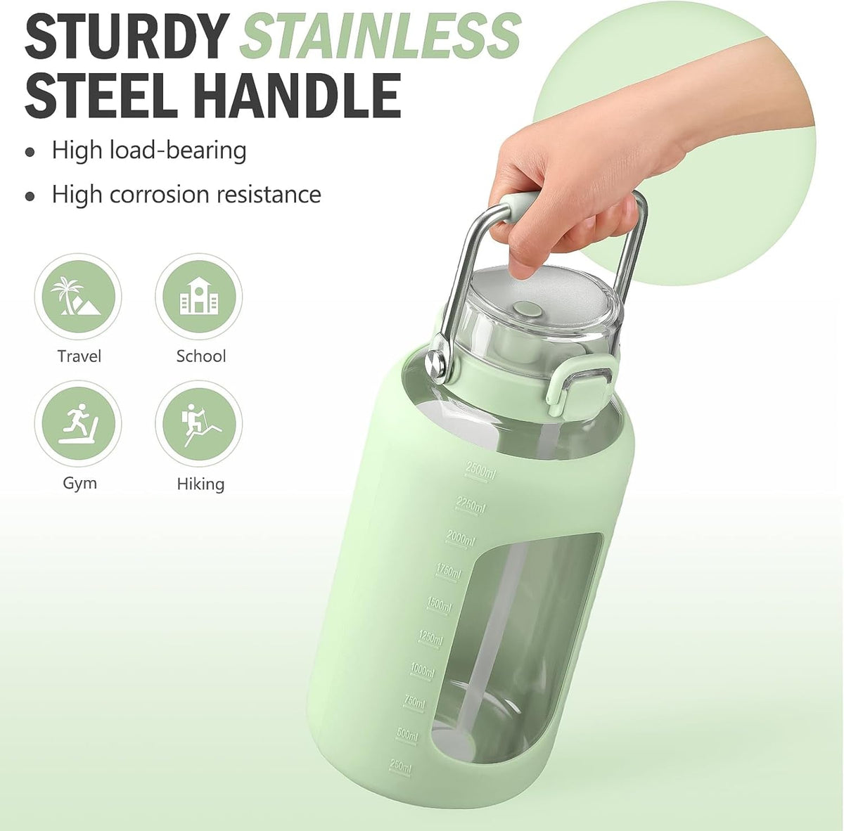 84Oz Water Bottle Glass with Stainless Steel Handle Large Water Bottle with Time Markers and Silicone Sleeve Half Gallon Water Jug BPA Free for Gym Daily Use, Light Green