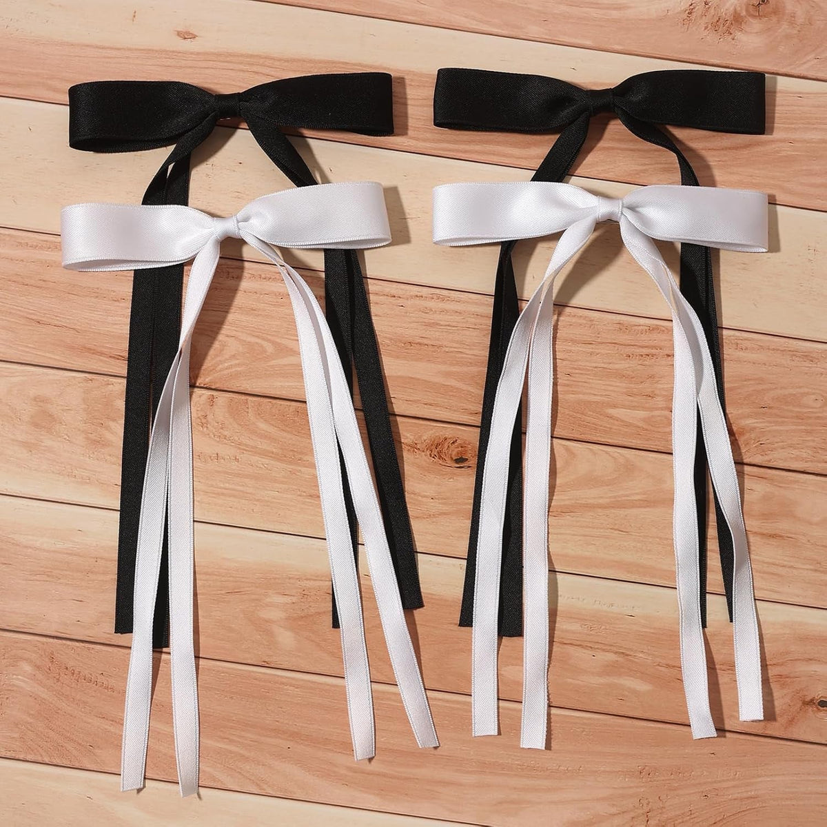 Tassel Ribbon Bowknot Hair Clips for Women - 4Pcs Barrettes with Long Tail, Solid Accessories for Girls, Claw Clips with Bow in Black and White