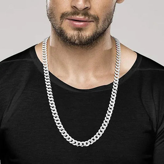Solid 925 Sterling Silver Italian 7mm Solid Diamond-Cut Cuban Link Curb Chain Necklace for Men