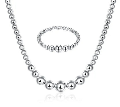 High Quality 925 Sterling Silver Fashion Elegant Smooth Bead Round Necklace Bracelet Jewelry Sets Fine Jewelry