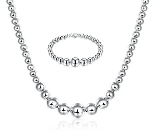 High Quality 925 Sterling Silver Fashion Elegant Smooth Bead Round Necklace Bracelet Jewelry Sets Fine Jewelry